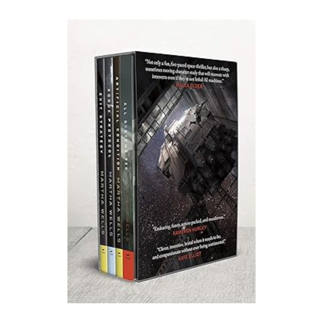 Cover of The Murderbot Diaries Boxset by Martha Wells – A sci-fi collection featuring four thrilling AI-driven novellas.