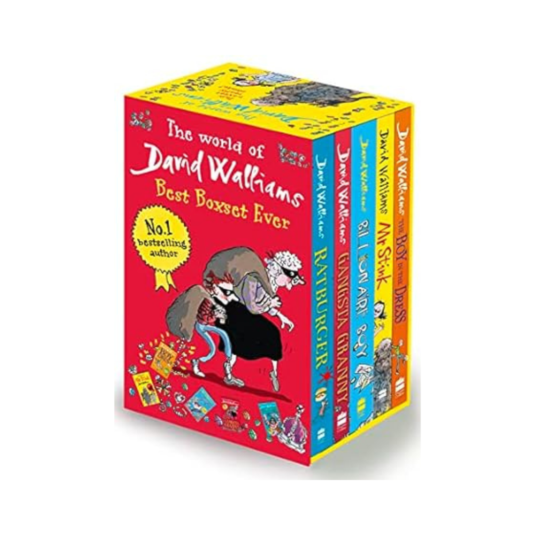 A boxed set of children's books titled 'The World of David Walliams: Best Boxset Ever' by David Walliams, featuring colorful cartoon-style illustrations on the covers.