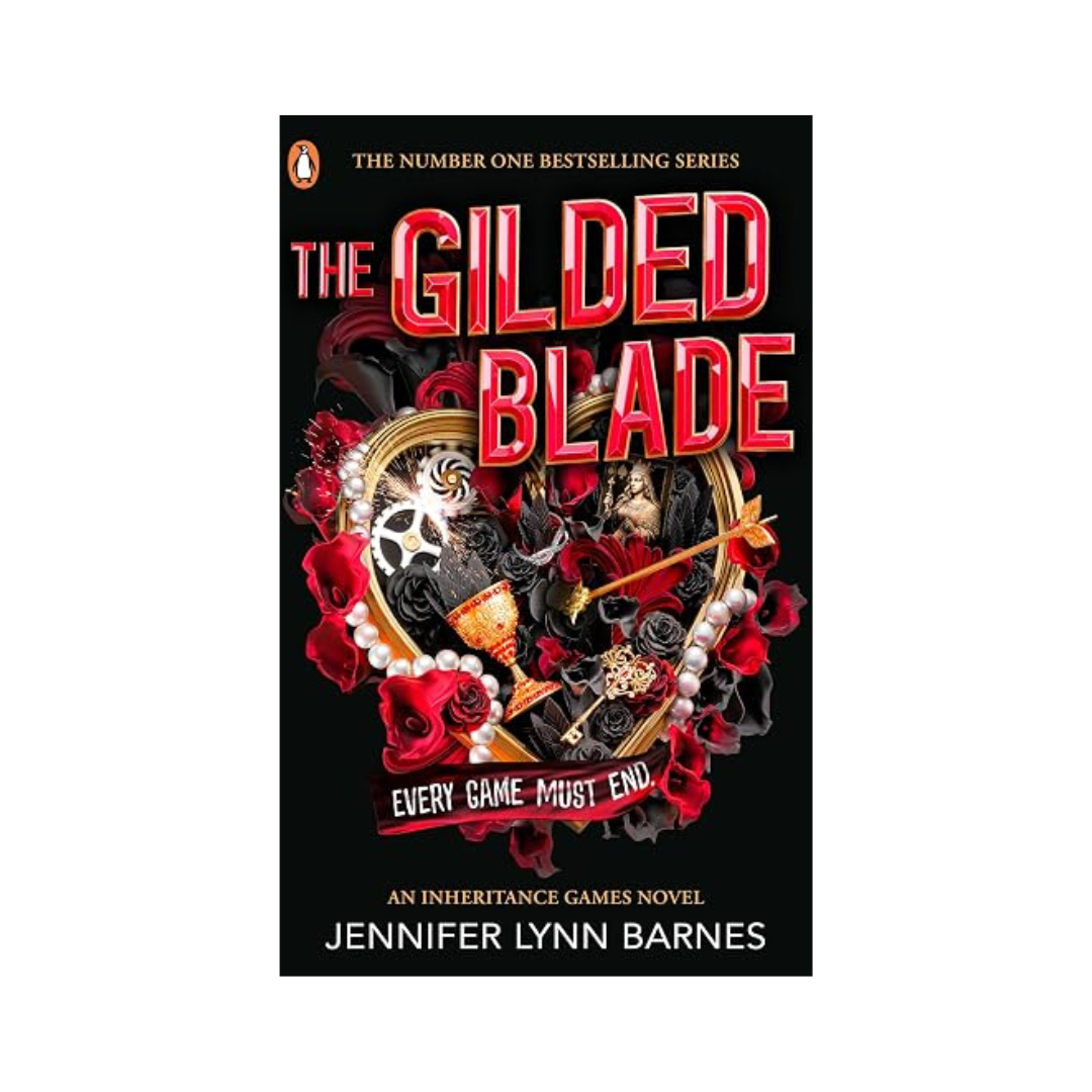 Book cover of 'The Gilded Blade' by Jennifer Lynn Barnes, featuring a black background with bold red title text and an ornate central illustration of a skull, gold goblet, and red roses. The Penguin logo is visible at the top.