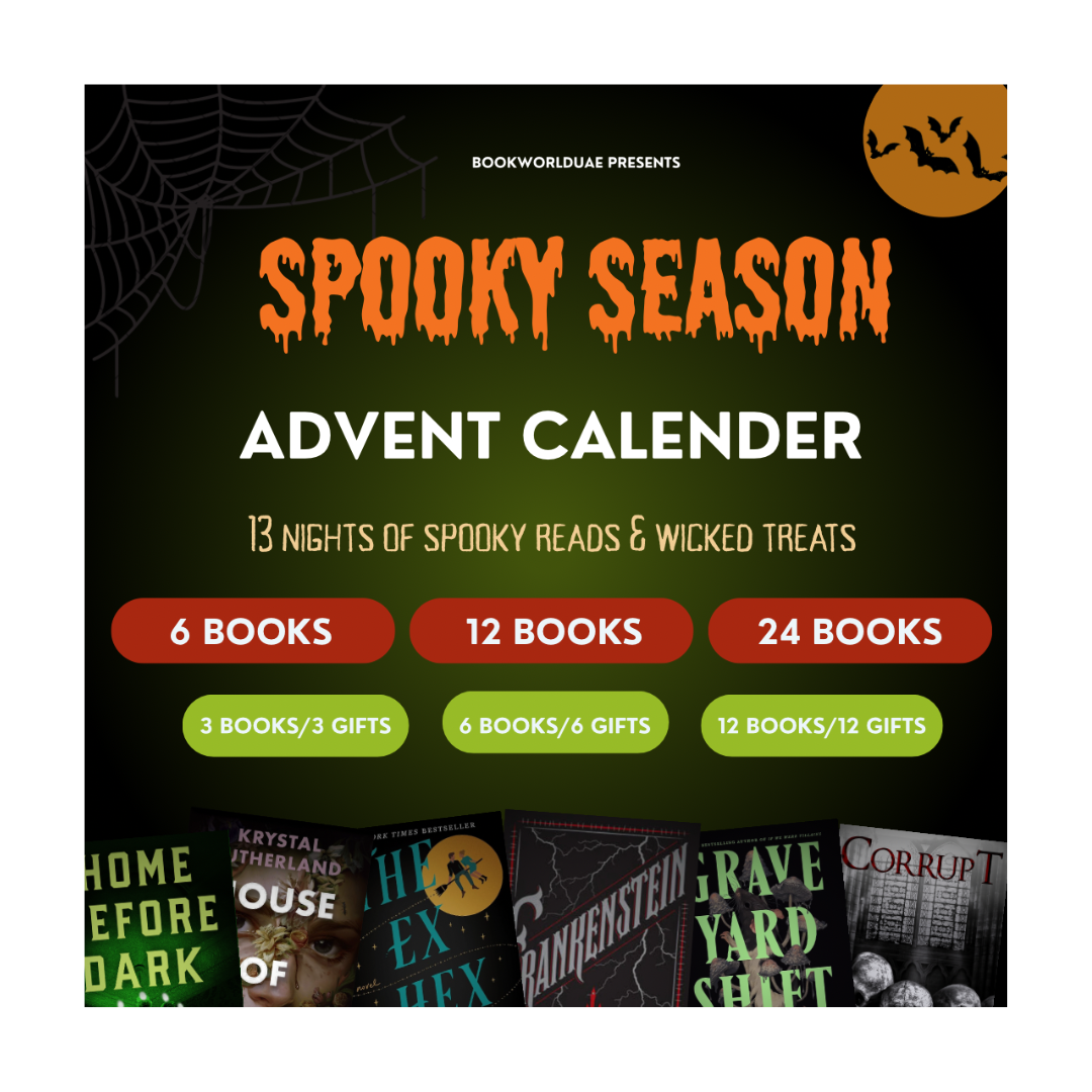 Spooky Season Advent Calendar with book covers and text on a dark background