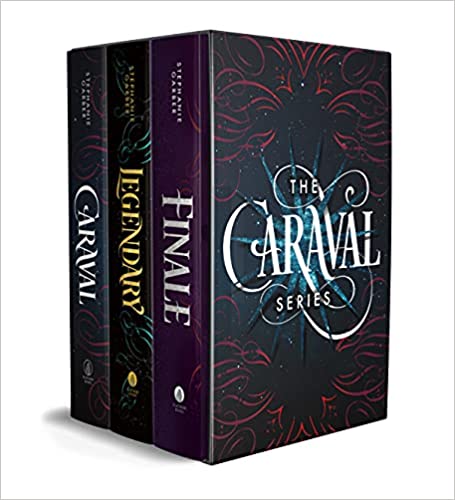 A boxed set of the Caraval Trilogy by Stephanie Garber, featuring the books 'Caraval', 'The Night Circus', and 'The Lunar Chronicles'. The set has a dark, ornate cover design.
