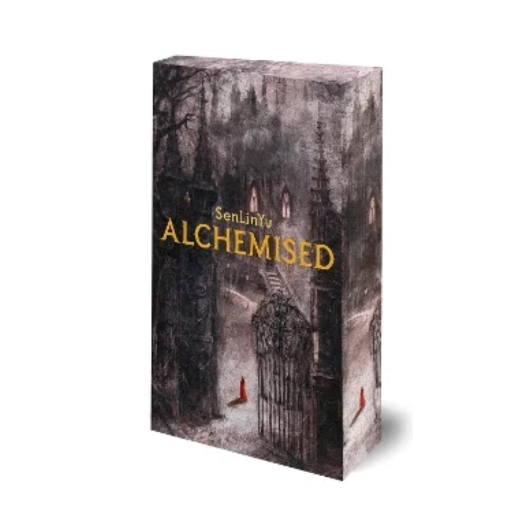 Board game box titled 'Alchemised' by Senlinyu with a dark, eerie design on a white background.