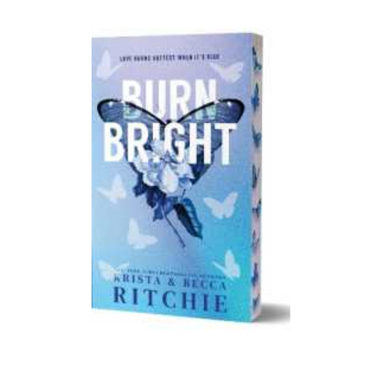 Book cover of 'Burn Bright' with butterfly design on a light blue background