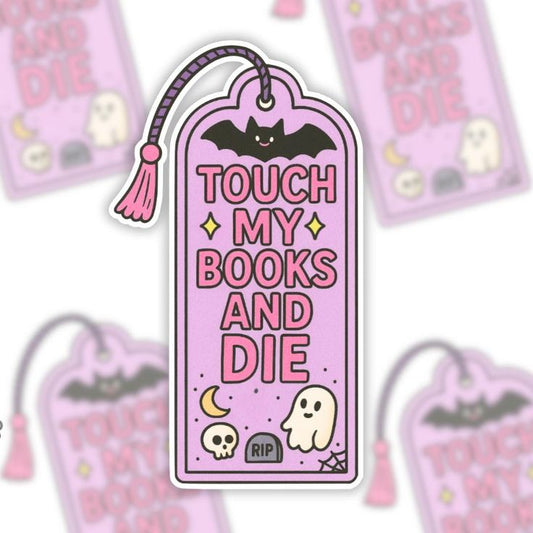 Don't Touch my Books Bookmark Sticker - Cute Spooky Halloween Sticker for Book Lovers, Ghost & Bat Kawaii Vinyl Decal