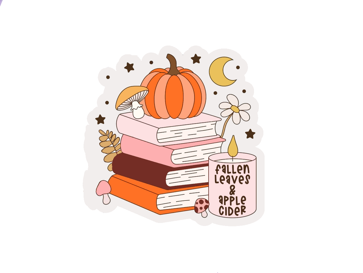 Sticker with books, pumpkin, and 'Fallen Leaves & Apple Cider' mug on a white background