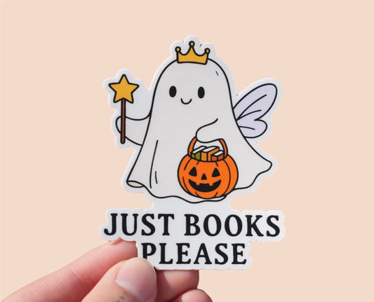 Trick or Treat Ghost “Just Books Please” Sticker | Horror, Thriller, Halloween Movie Sticker