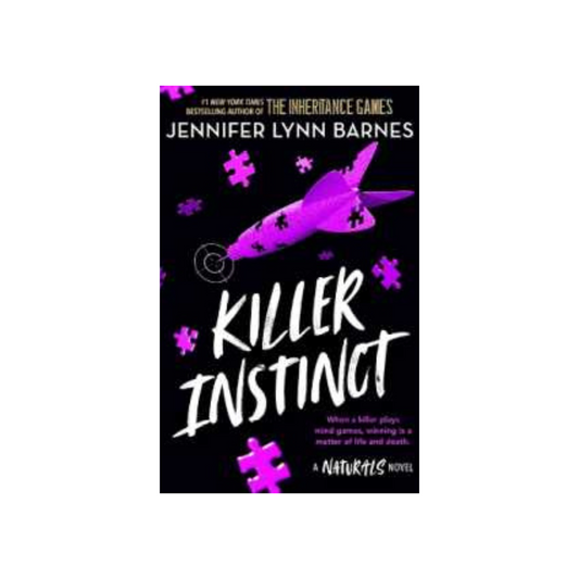 This image features the cover of "Killer Instinct" by Jennifer Lynn Barnes, a young adult novel published by Little, Brown Books for Young Readers. The cover displays an eye-catching design with a stylized, purple-tinted airplane at the center, surrounded by scattered, intricate puzzle pieces.