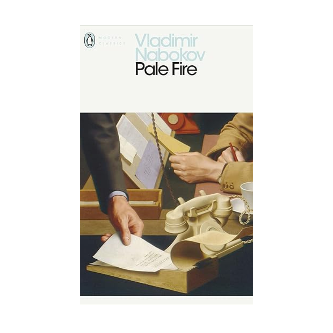 Book cover of 'Pale Fire' by Vladimir Nabokov with a scene of hands at a typewriter.