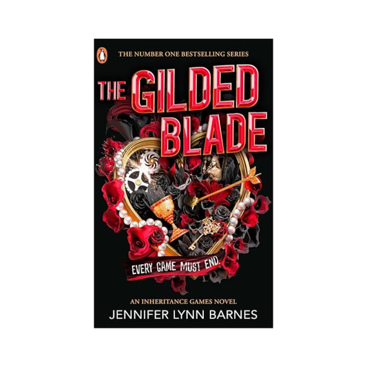 Book cover of 'The Gilded Blade' by Jennifer Lynn Barnes, featuring a black background with bold red title text and an ornate central illustration of a skull, gold goblet, and red roses. The Penguin logo is visible at the top.