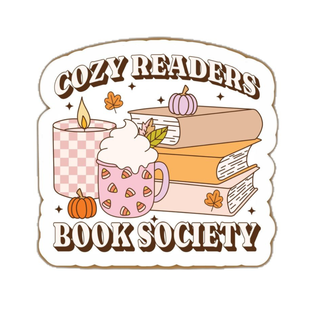 Logo for Cozy Readers Book Society with books, a mug, and pumpkins on a white background