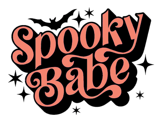 Halloween-themed text 'Spooky Babe' with bats and stars on a white background