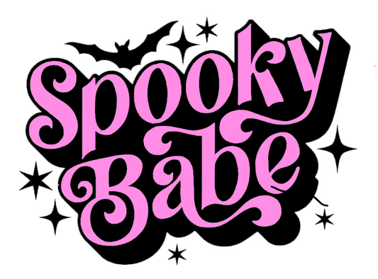 Text 'Spooky Babe' in pink with black bats and stars on a white background