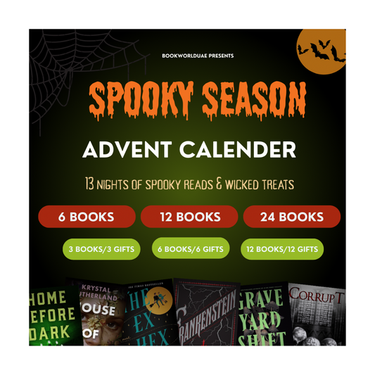 Spooky Season Advent Calendar with book covers and text on a dark background